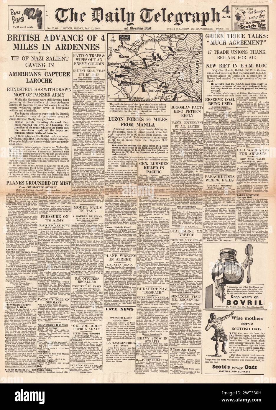 1945 le Daily Telegraph en première page rapporte la bataille des Ardennes et les forces américaines avancent sur Manille Banque D'Images