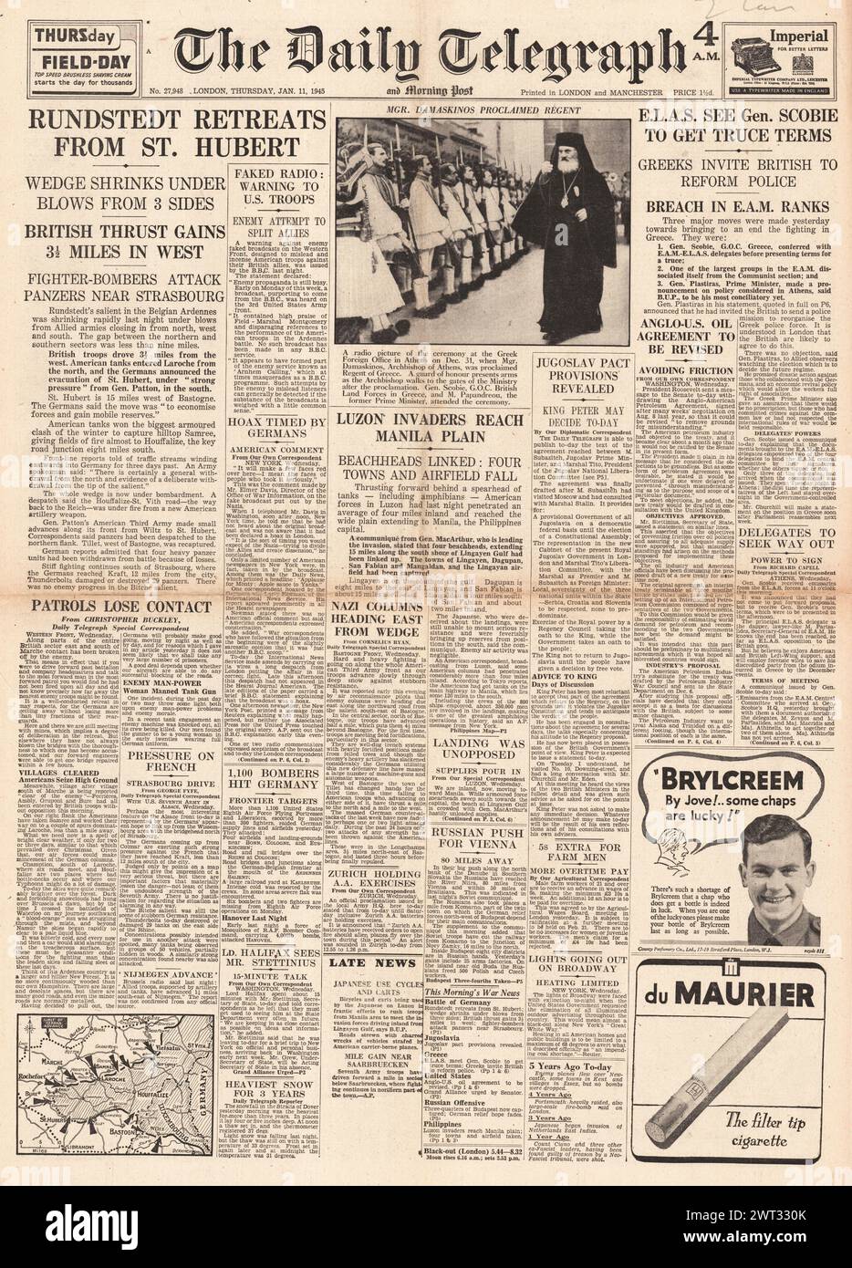 1945 le Daily Telegraph en première page rapporte la bataille des Ardennes et les forces américaines avancent sur Manille Banque D'Images