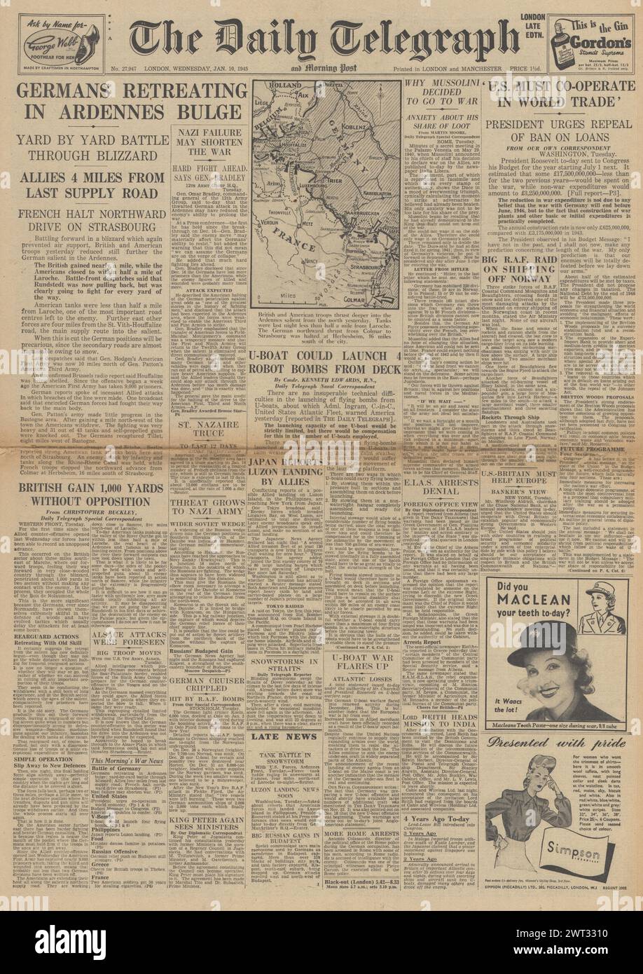 1945 la page d'accueil du Daily Telegraph rapporte la bataille des Ardennes Banque D'Images