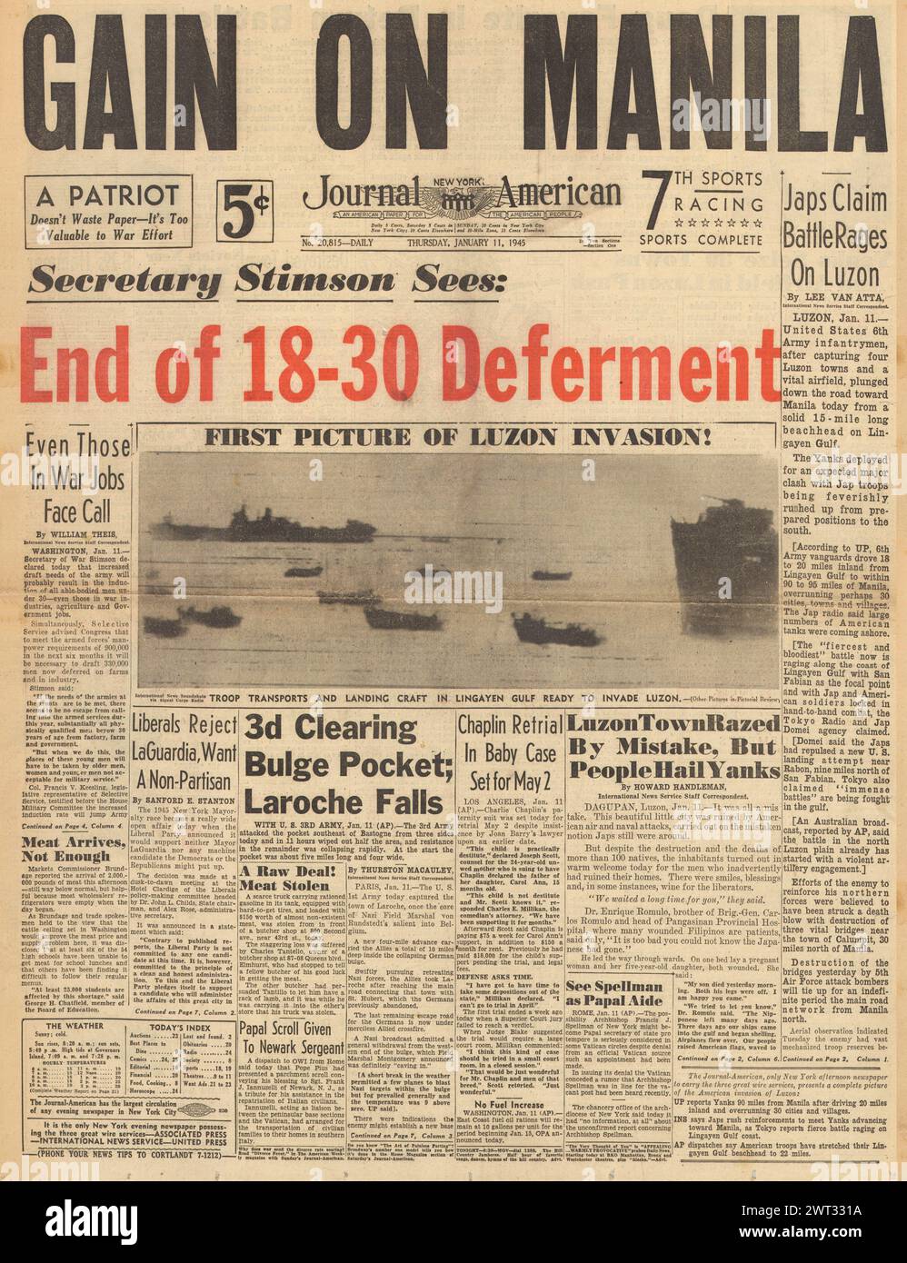 1945 Journal page d'accueil américaine faisant état de la bataille des Ardennes et de l'avancée des forces américaines sur Manille Banque D'Images
