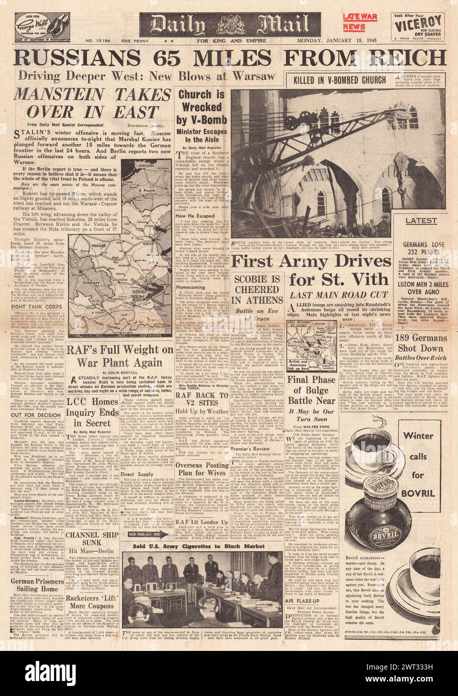 1945 Daily mail page d'accueil sur la bataille des Ardennes et la grande offensive de l'Armée rouge en Pologne Banque D'Images