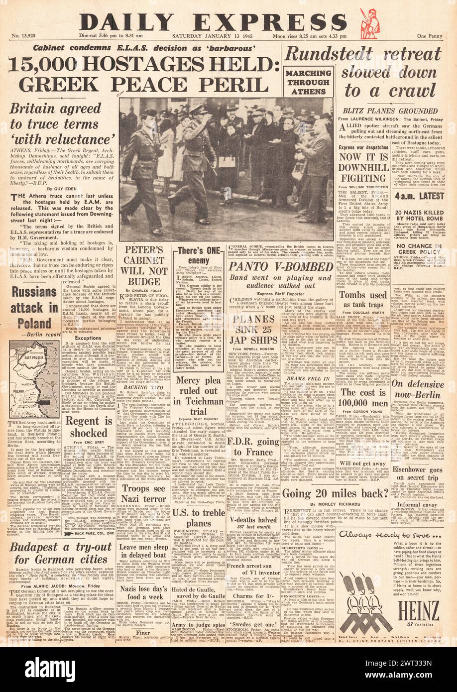1945 Daily Express page de couverture reportant les pourparlers de paix en Grèce, la bataille des Ardennes, les forces américaines avancent sur Manille et la bataille pour Budapest Banque D'Images