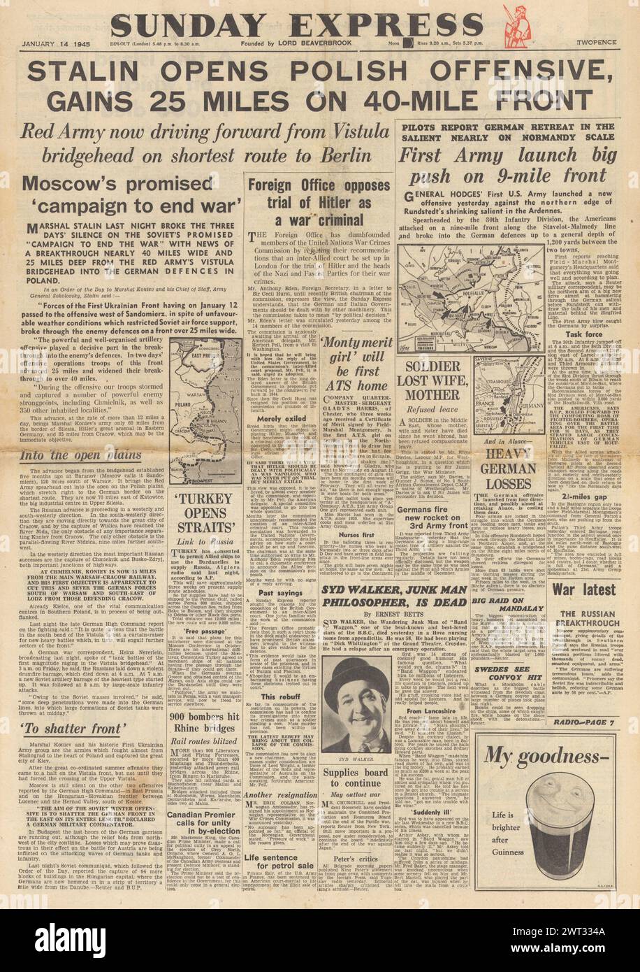 1945 Sunday Express page de couverture reportant la bataille des Ardennes et la grande offensive de l'Armée rouge en Pologne Banque D'Images