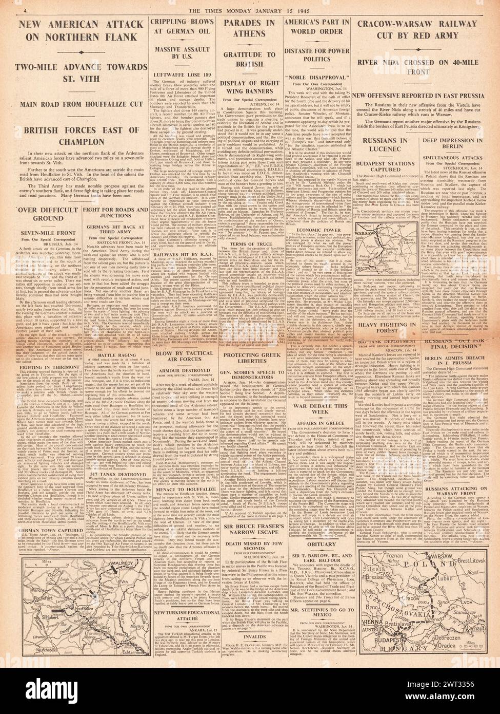 1945 le Times rapporte la bataille des Ardennes et la grande offensive de l'Armée rouge en Pologne Banque D'Images