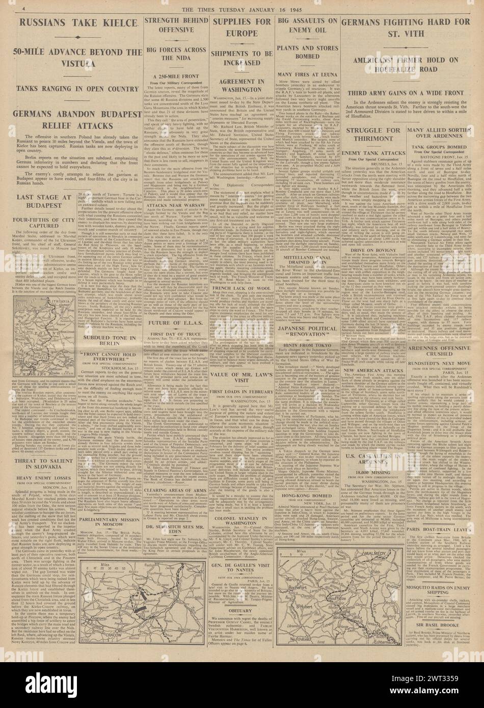 1945 le Times rapporte que l'Armée rouge capture Kielce, la bataille des Ardennes, les avions américains bombardent Hong Kong et les Alliés bombardent les raffineries de pétrole et les chemins de fer allemands Banque D'Images