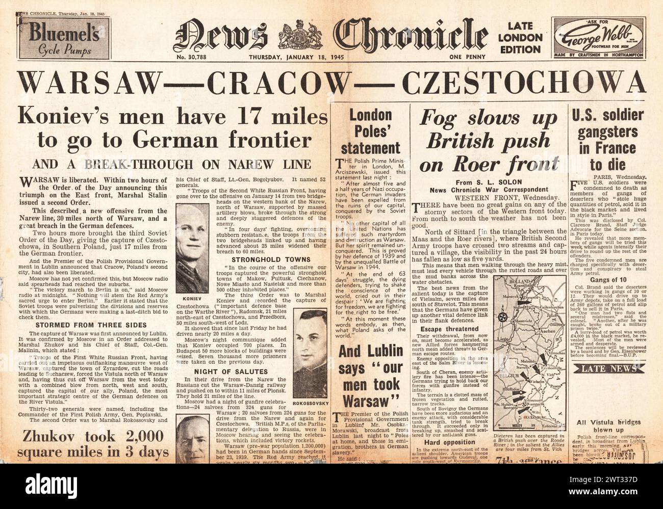 1945 Actualités la première page de la chronique rapporte la capture de l'Armée rouge à Varsovie et Cracovie et les forces britanniques avancent sur le front occidental Banque D'Images