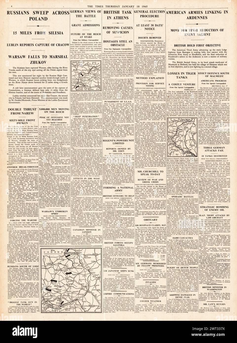 1945 le Times rapporte que l'Armée rouge capture Varsovie et Cracovie, la bataille des Ardennes et Plastirus promet des élections en Grèce Banque D'Images