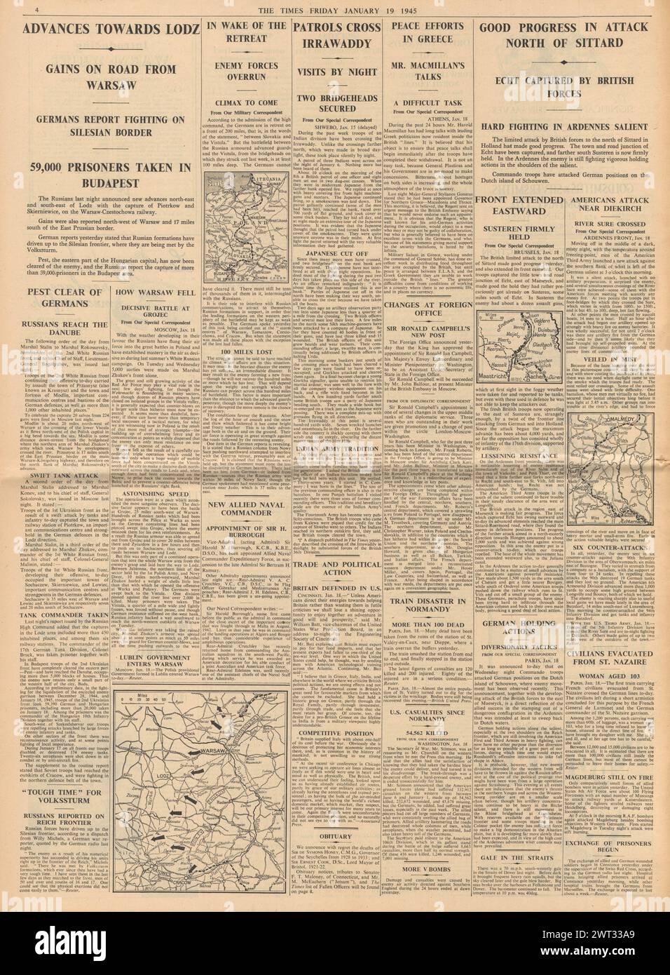 1945 le Times rapporte que l'Armée rouge entre en Allemagne, que les Britanniques avancent sur le front de Roer, que les forces américaines au Luxembourg et qu'un train s'écrase à St Valery en Caux Banque D'Images