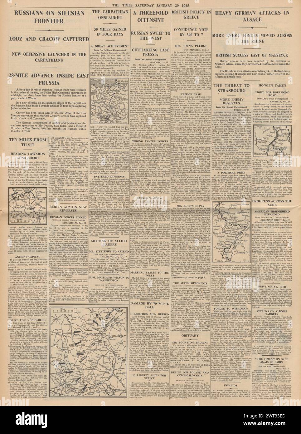 1945 le Times faisant état de la route de l'Armée rouge en Prusse orientale, Lodz et Cracovie capturé, les forces allemandes se rapprochent au nord de Strasbourg et l'éditeur Robert Brasillach condamné à mort Banque D'Images