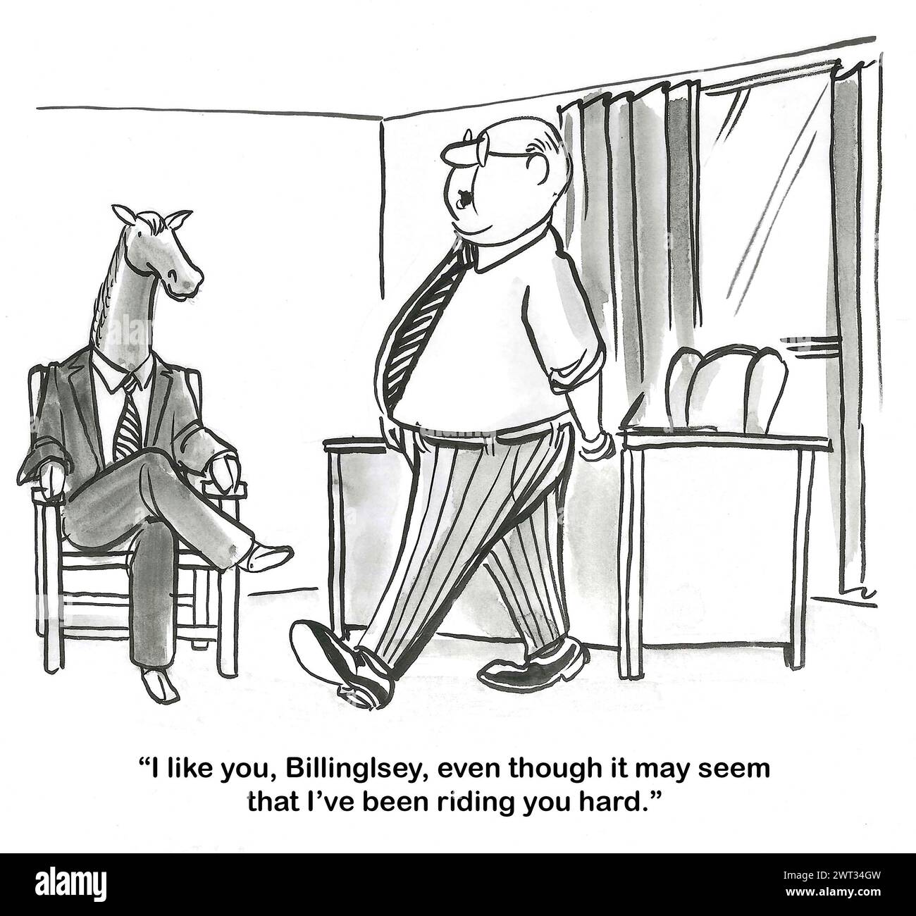 Dessin animé BW d'un patron disant à l'exécutif de cheval, qu'il l'aime bien qu'il ait été «chevauché dur». Banque D'Images