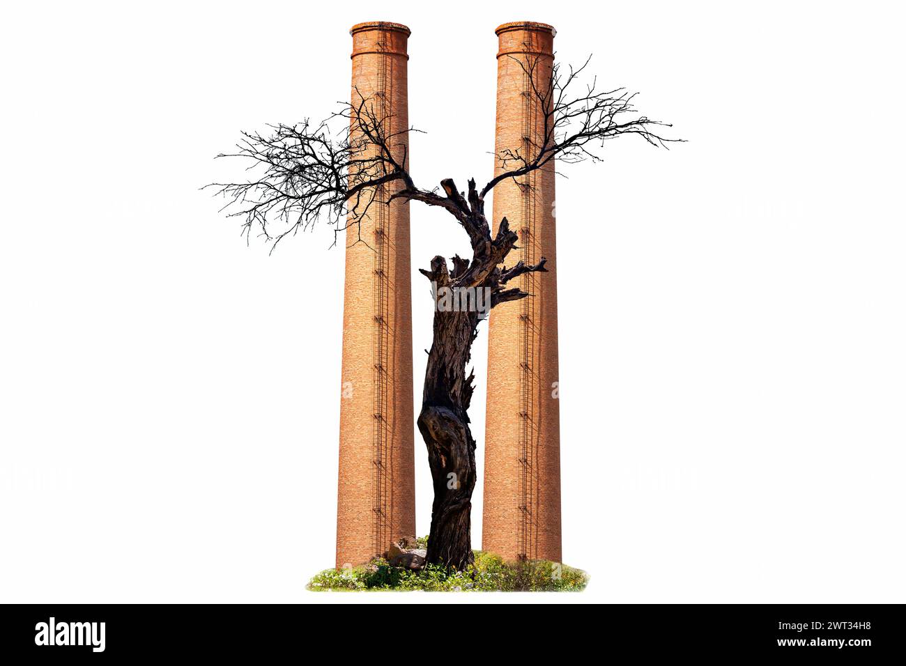 Illustration avec un arbre sec au premier plan et deux cheminées industrielles en arrière-plan. Concept de pollution, réchauffement climatique et destruction. Banque D'Images