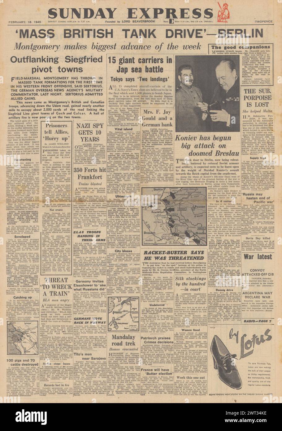 1945 Sunday Express page de couverture faisant état d'une chasse massive de chars britanniques, les avions de l'US Navy bombardent le Japon et l'Armée rouge dans la bataille pour Breslau Banque D'Images