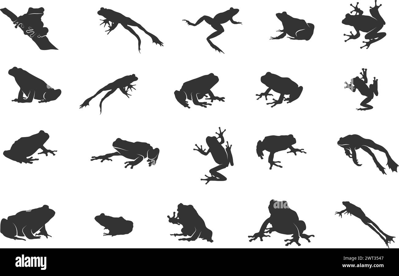 Silhouettes de grenouille, silhouette de grenouille d'arbre, grenouille sautant, silhouette de grenouille sautant, silhouette de grenouille assise, clipart grenouille. Illustration de Vecteur