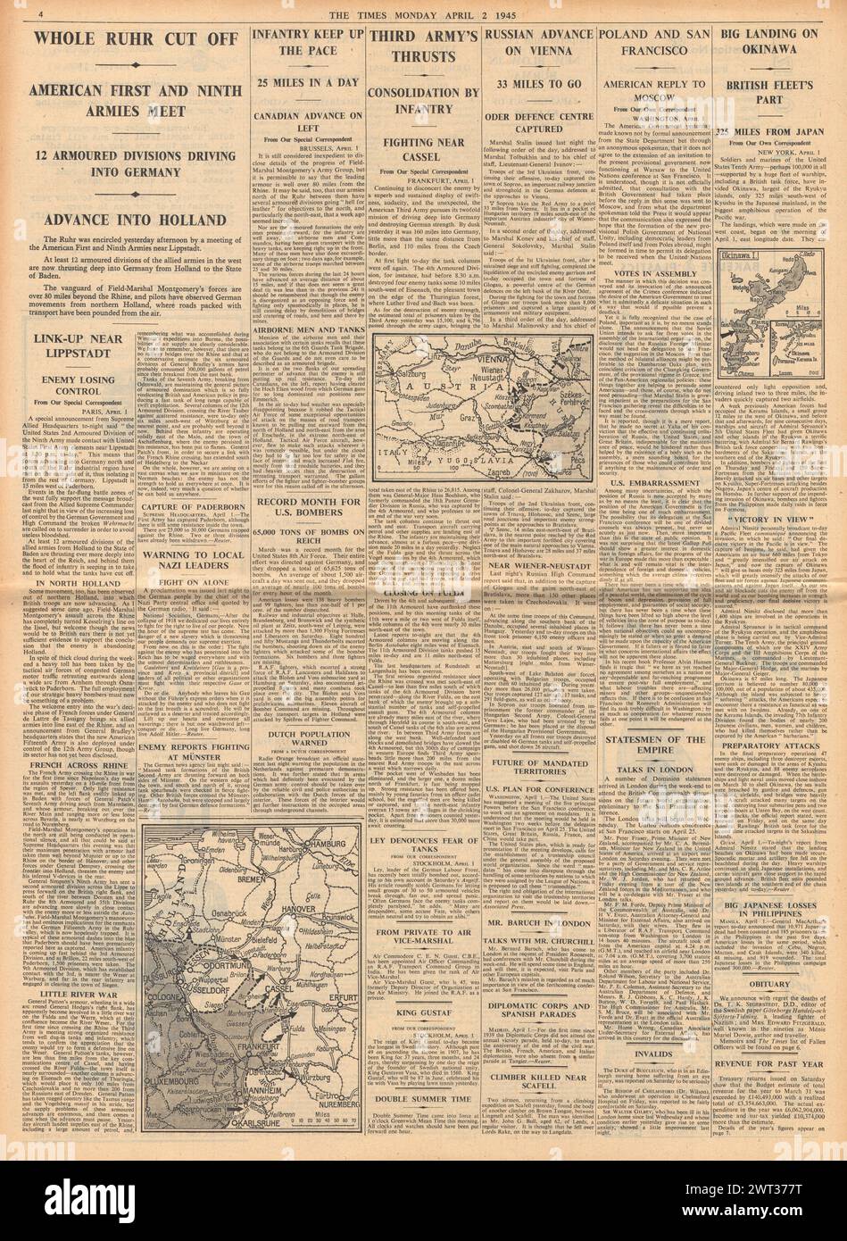 1945 le Times rapporte que les forces britanniques avancent dans l'Ouest, V2 menace décroissante, bataille d'Okinawa et Armée rouge avancent sur Vienne Banque D'Images