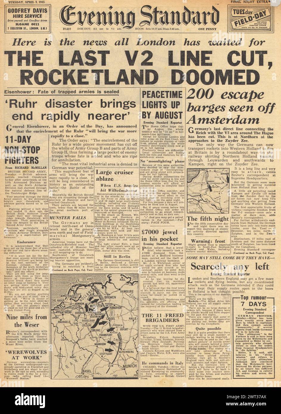 1945 soirée rapports de première page standard V2 les menaces diminuent Banque D'Images