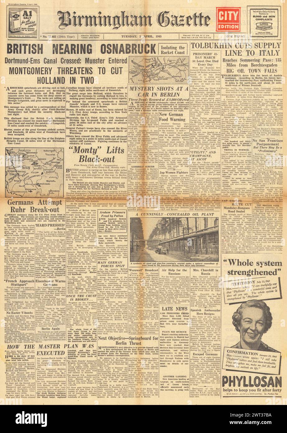 1945 Birmingham Gazette première page signalant les forces britanniques près d'Osnabruck et l'avance de l'Armée rouge sur Vienne Banque D'Images