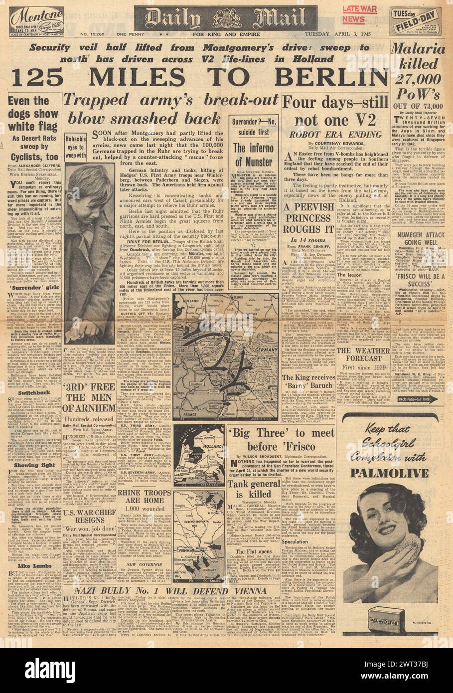 1945 Daily mail page d'accueil faisant état de l'avancée des forces alliées dans l'Ouest, le paludisme tue des milliers de prisonniers de guerre en extrême-Orient et la menace V2 diminue Banque D'Images
