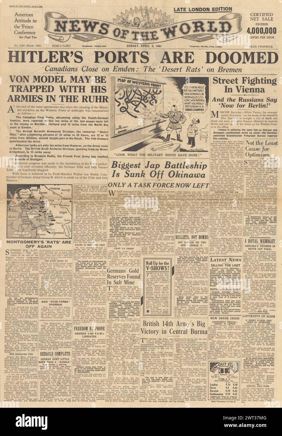1945 nouvelles de la page d'accueil mondiale faisant état de la route des Alliés pour Emden et Brême, du naufrage du cuirassé japonais Yamato et de la bataille de Vienne Banque D'Images