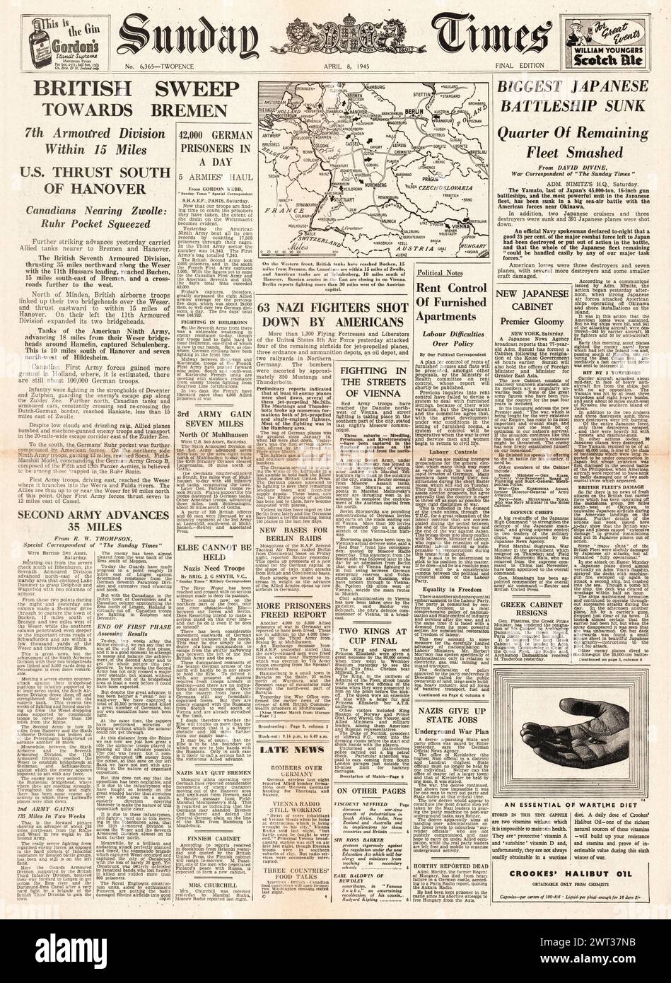 1945 Sunday Times en première page signalant que les Alliés avancent sur Brême, coulent le cuirassé japonais Yamato, Battle for Vienna et des batailles aériennes au-dessus de l'Allemagne Banque D'Images