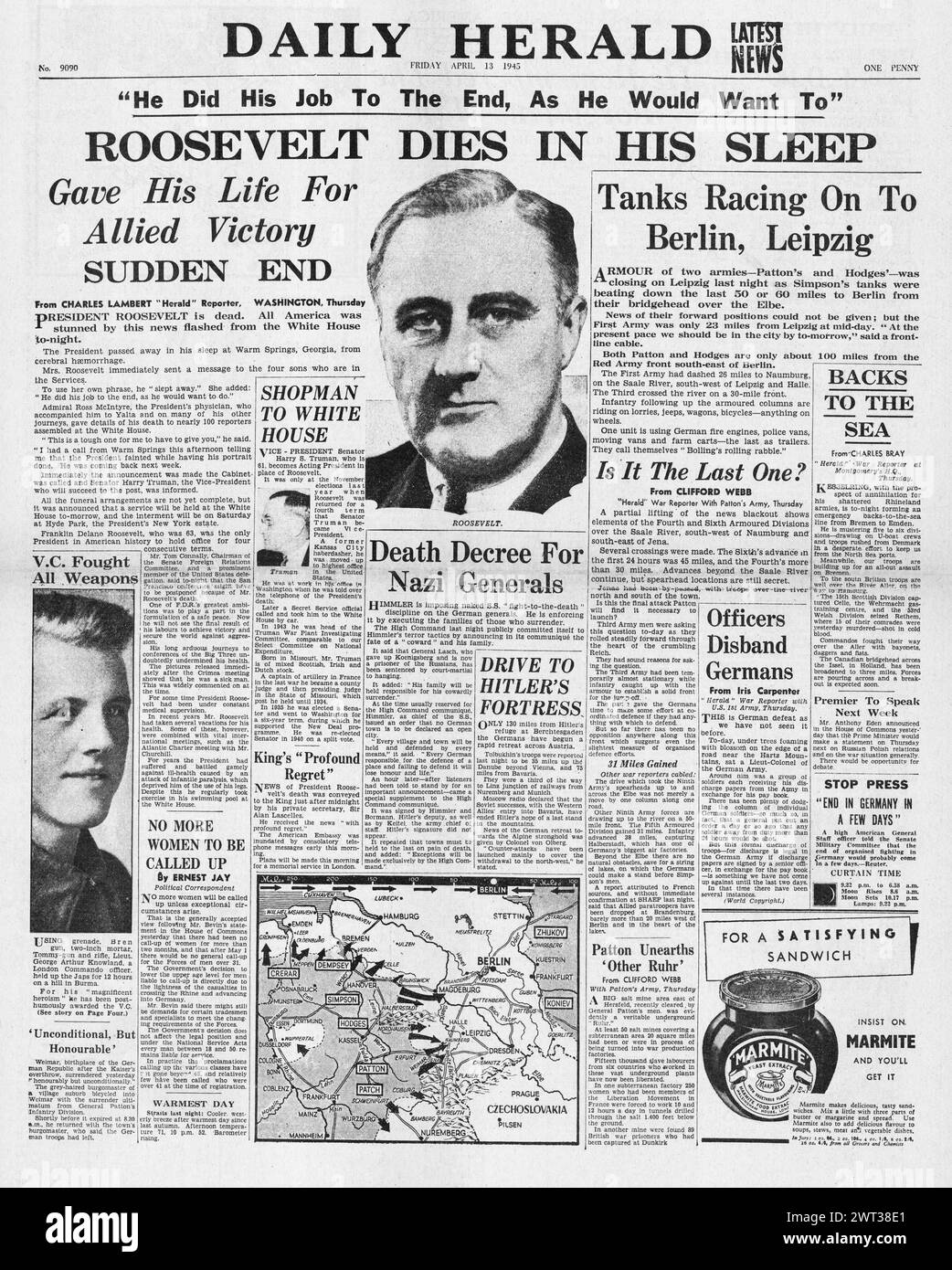 1945 Daily Herald page de couverture faisant état de la mort du président Roosevelt, les Alliés se dirigent vers Leipzig et Arthur Knowland reçoit la Croix de Victoria Banque D'Images