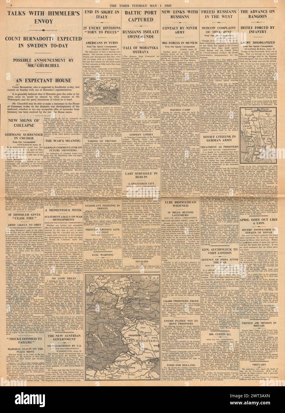1945 le Times rapporte la bataille de Berlin, les pourparlers de paix de Bernadotte et Himmler, la mort de Benito Mussolini, la capture de Moravska Ostrava par l'Armée rouge et la bataille pour la Birmanie Banque D'Images