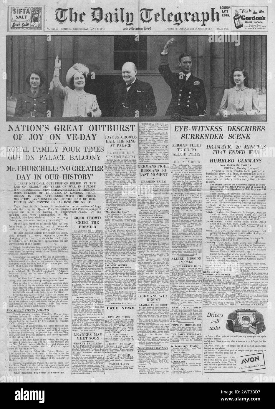 1945 la page d'accueil du Daily Telegraph rend compte des célébrations de la Journée VE Banque D'Images