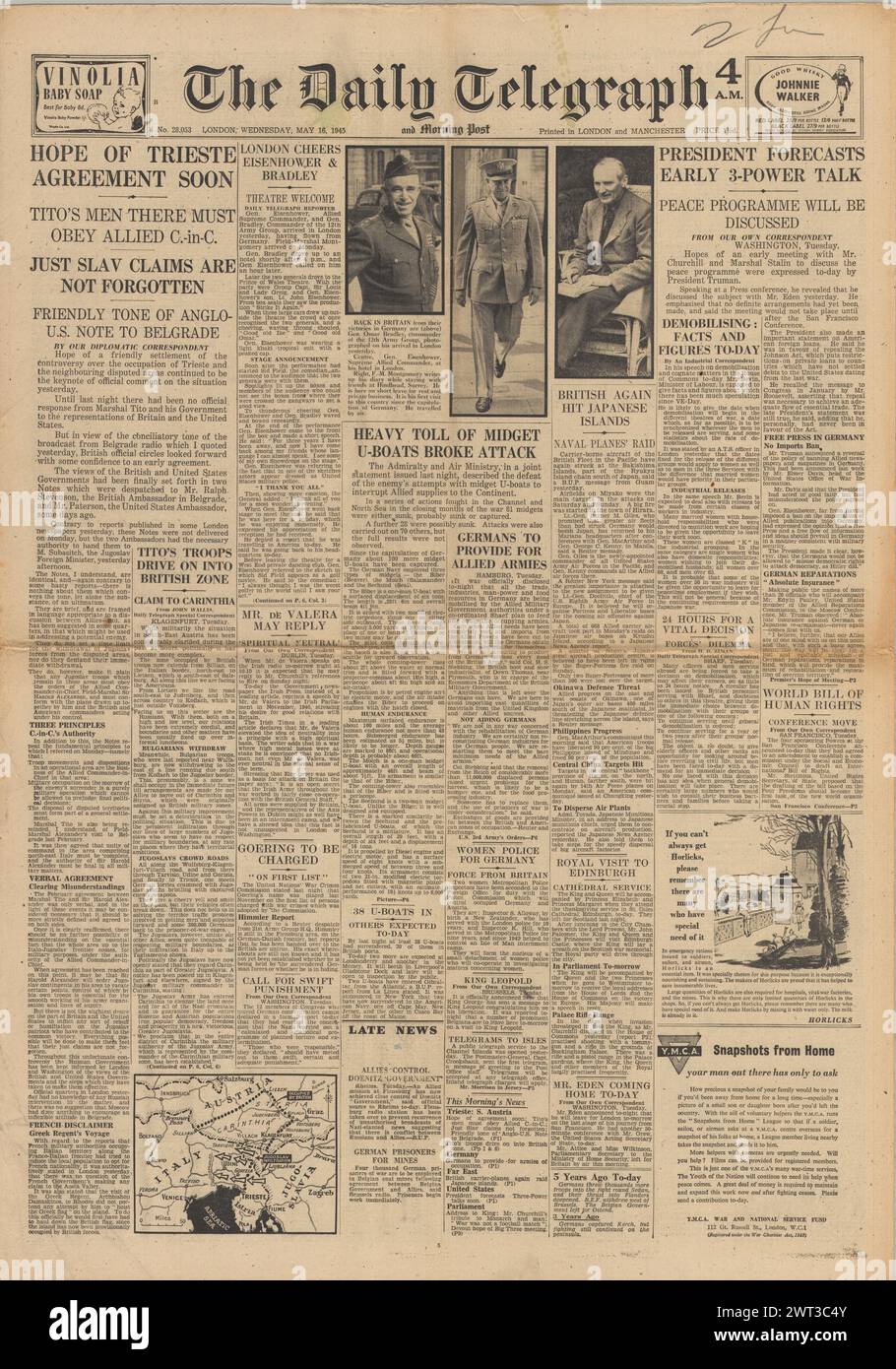 1945 la page d'accueil du Daily Telegraph fait état de tensions sur Trieste et Eisenhower à Londres Banque D'Images