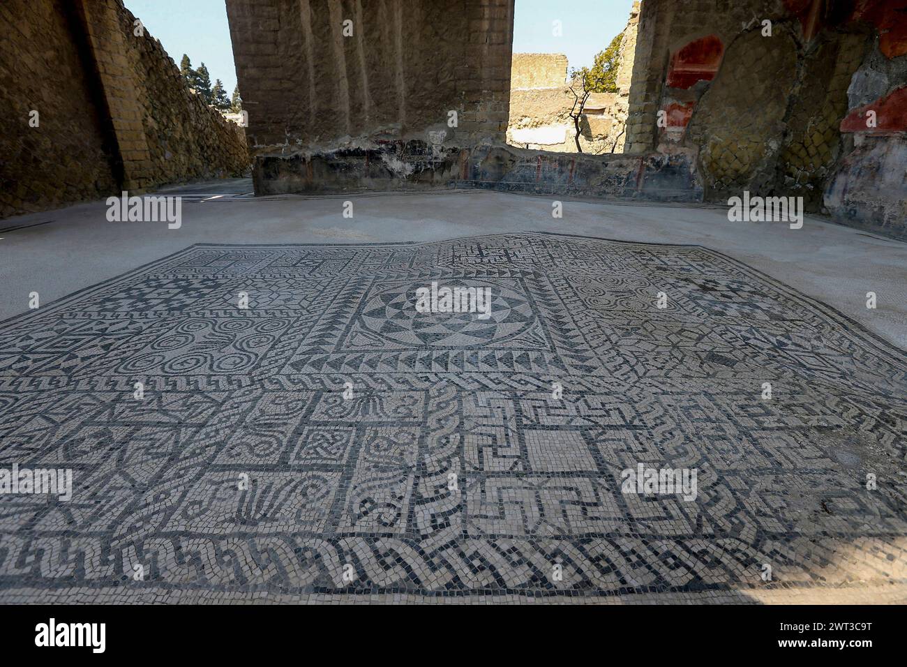 Une grande mosaïque sur le sol de la Maison du Gem, dans les fouilles archéologiques d'Herculanum, juste ouvert après la restauration. Banque D'Images