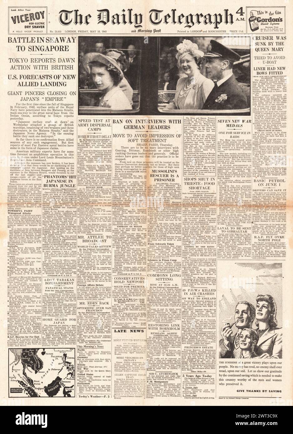 1945 The Daily Telegraph première page bataille pour la voie maritime à Singapour, procès pour crimes de guerre et collision entre la Reine Mary et le HMS Curacoa Banque D'Images