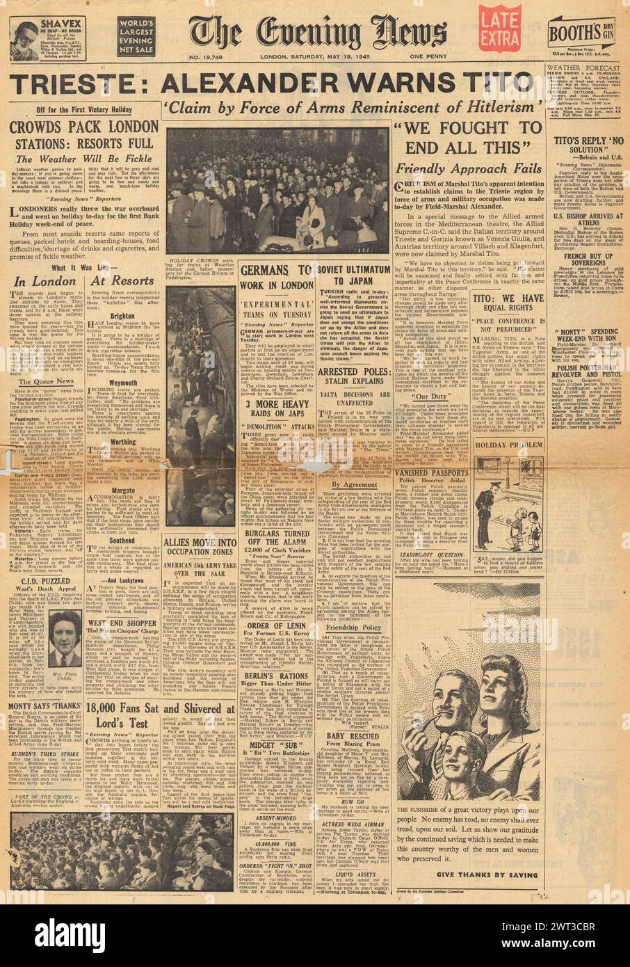 1945 la page d'accueil de l'Evening News rapporte que le général Alexander avertit Tito au sujet de Trieste Banque D'Images