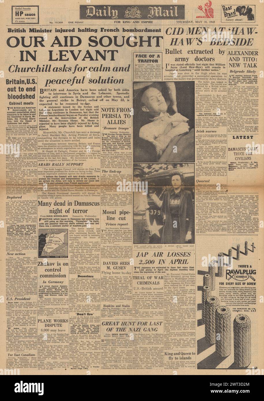1945 Daily mail en première page sur l'arrestation de Lord Haw Haw et la grave situation en Syrie Banque D'Images
