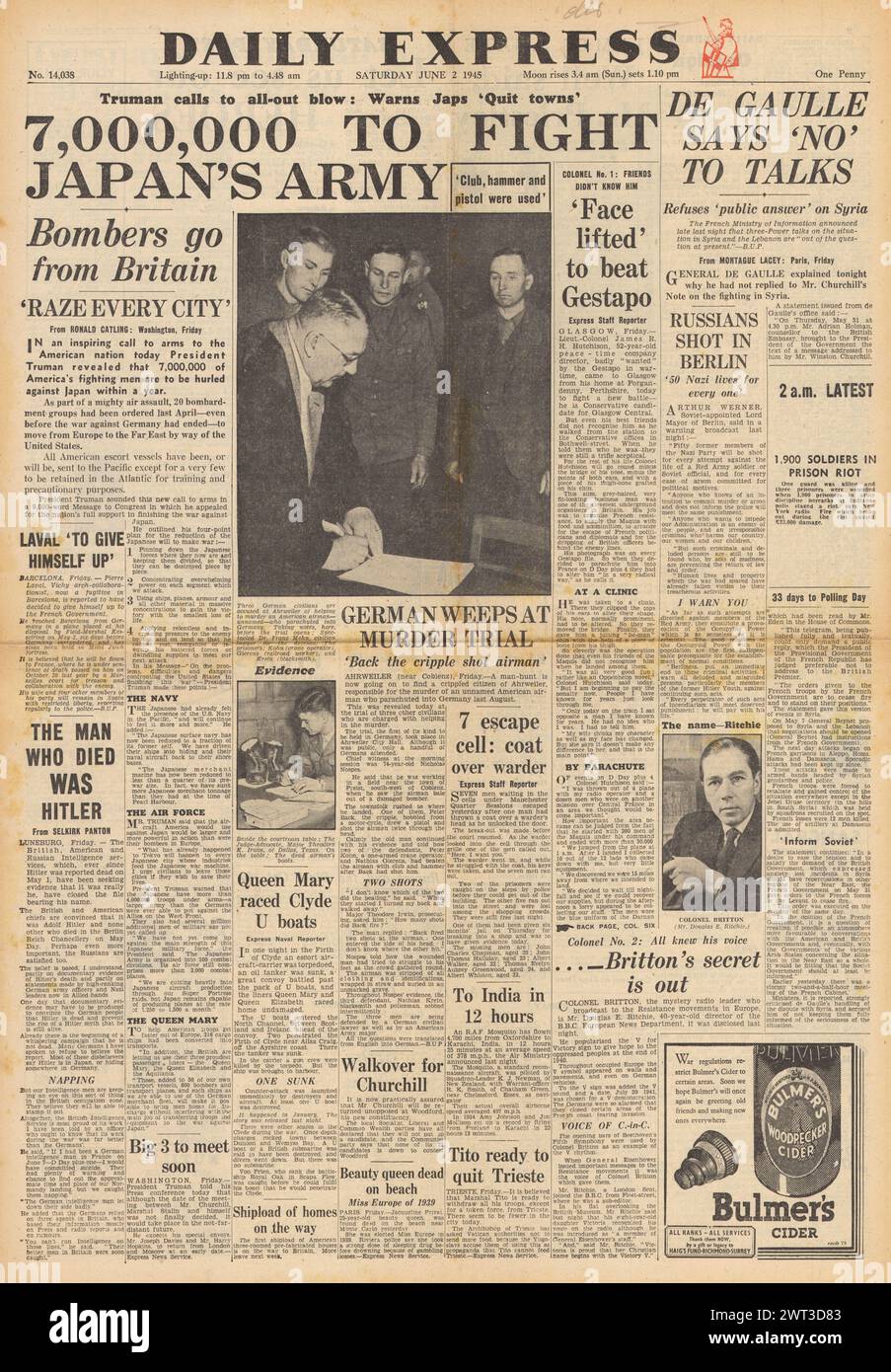 1945 Daily Express en première page rapporte que de Gaulle refuse les pourparlers sur la Syrie et Truman appelle des millions d'Américains à combattre le Japon Banque D'Images