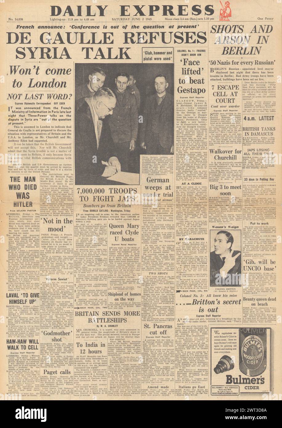 1945 Daily Express en première page rapporte que de Gaulle refuse les pourparlers sur la Syrie et Truman appelle des millions d'Américains à combattre le Japon Banque D'Images