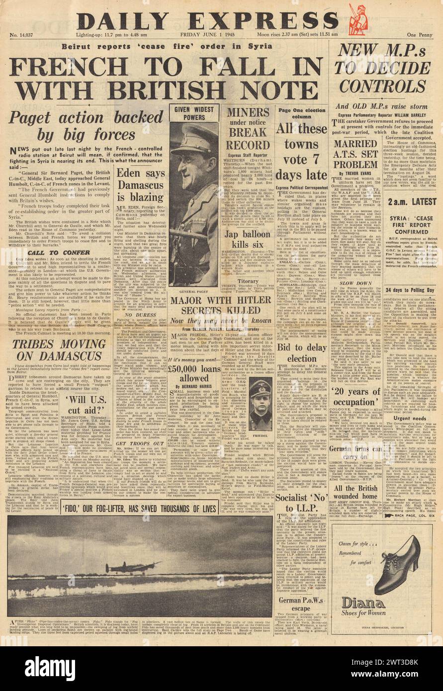 1945 Daily Express page de couverture faisant état du cessez-le-feu en Syrie Banque D'Images
