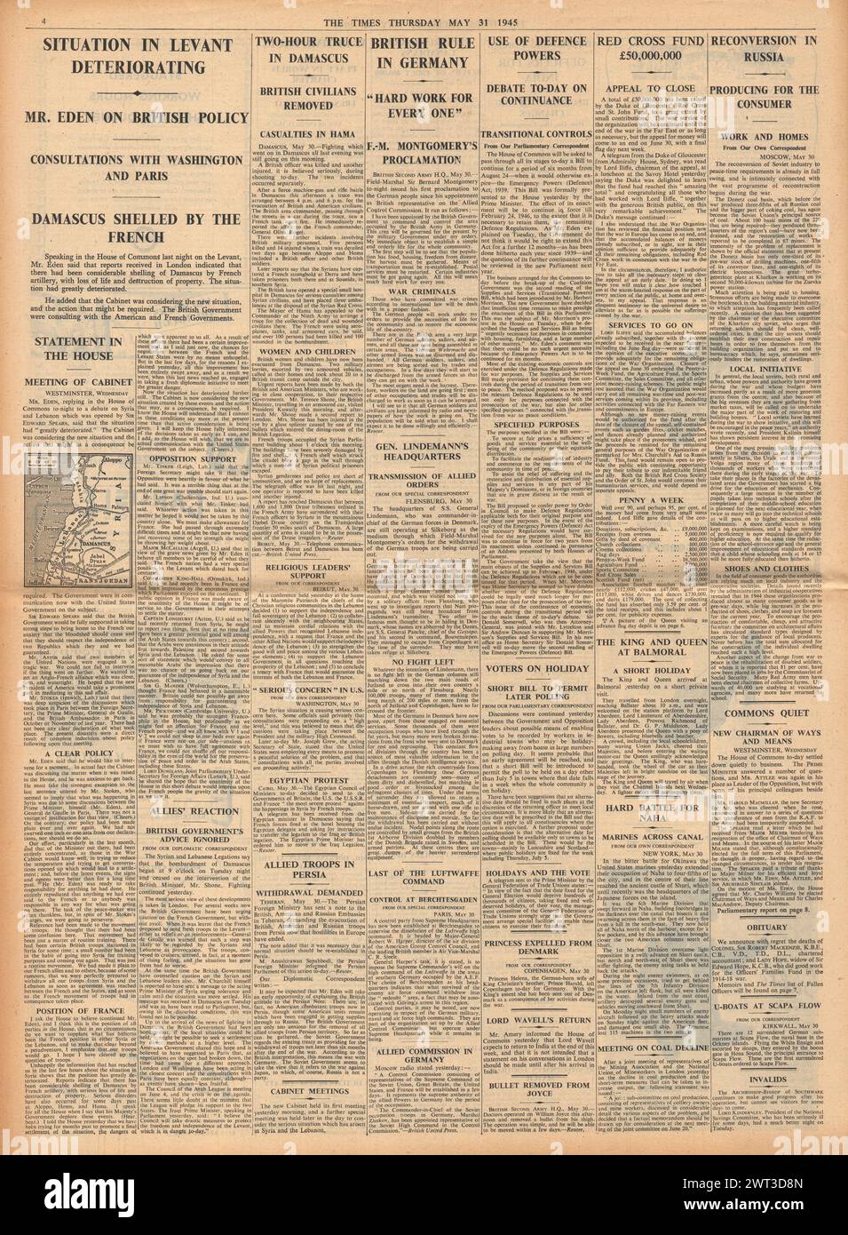 1945 le Times rapporte la domination britannique en Allemagne, la grave situation en Syrie et la bataille d'Okinawa Banque D'Images