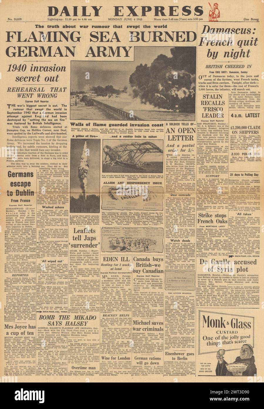 1945 Daily Express page de couverture signalant que les forces françaises quittent Damas et le plan de défense du mur de flamme dans la Manche Banque D'Images