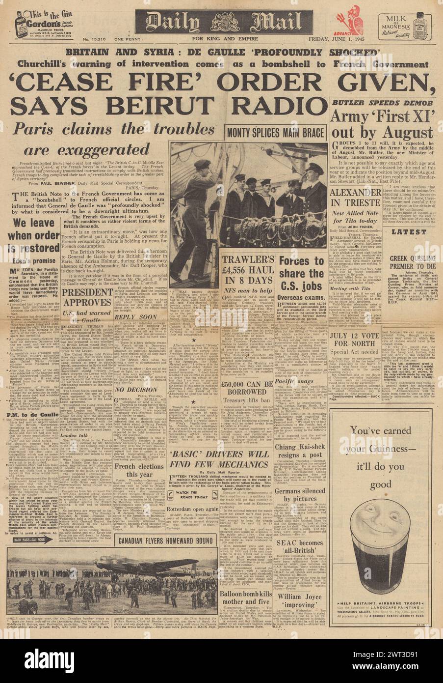 1945 Daily mail page de couverture faisant état du cessez-le-feu en Syrie Banque D'Images