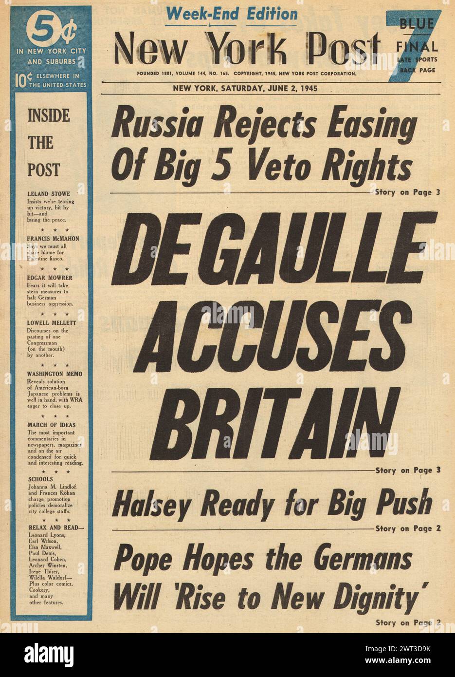 1945 New York Post en première page sur laquelle la Russie rejette l'assouplissement des droits de veto de l'ONU et de Gaulle accuse la Grande-Bretagne sur la Syrie Banque D'Images
