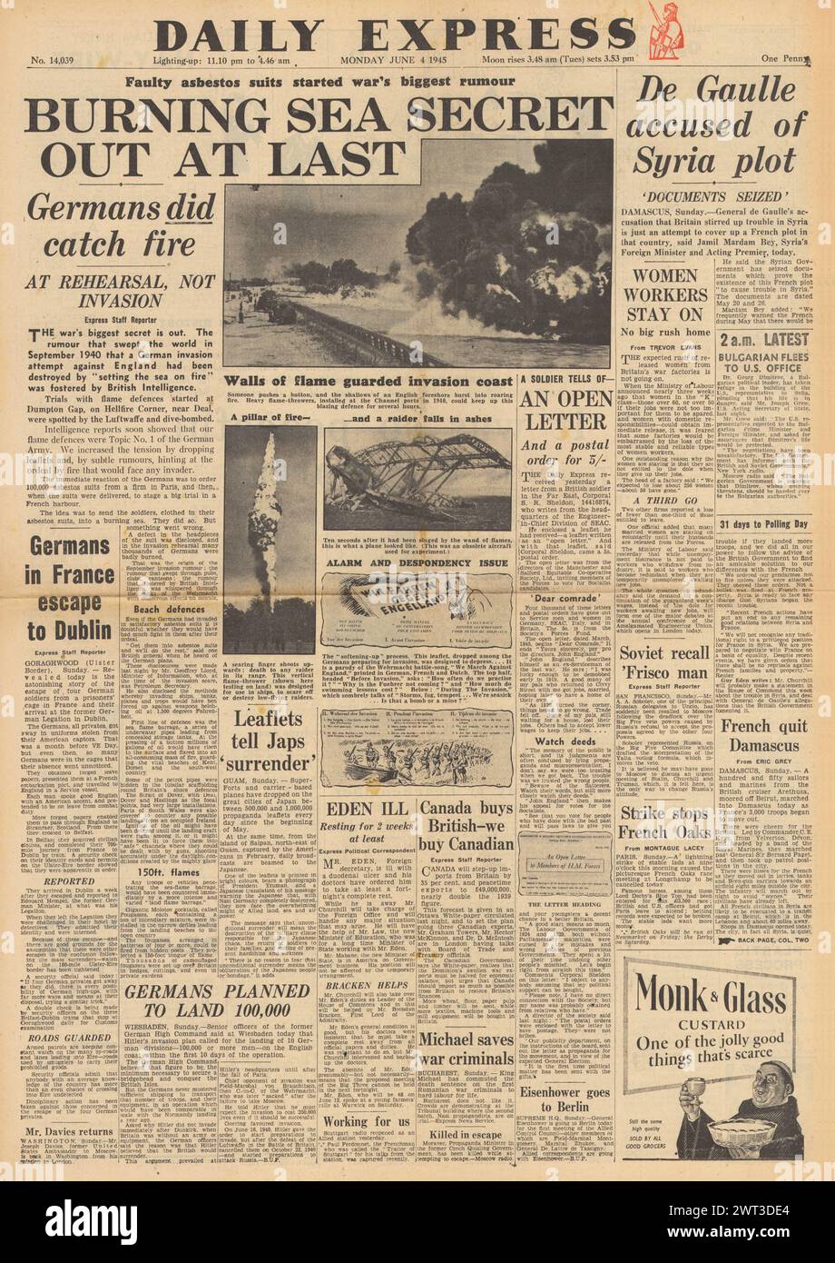 1945 Daily Express en première page sur de Gaulle accusé de complot en Syrie et sur le plan de défense du mur des flammes en Manche Banque D'Images