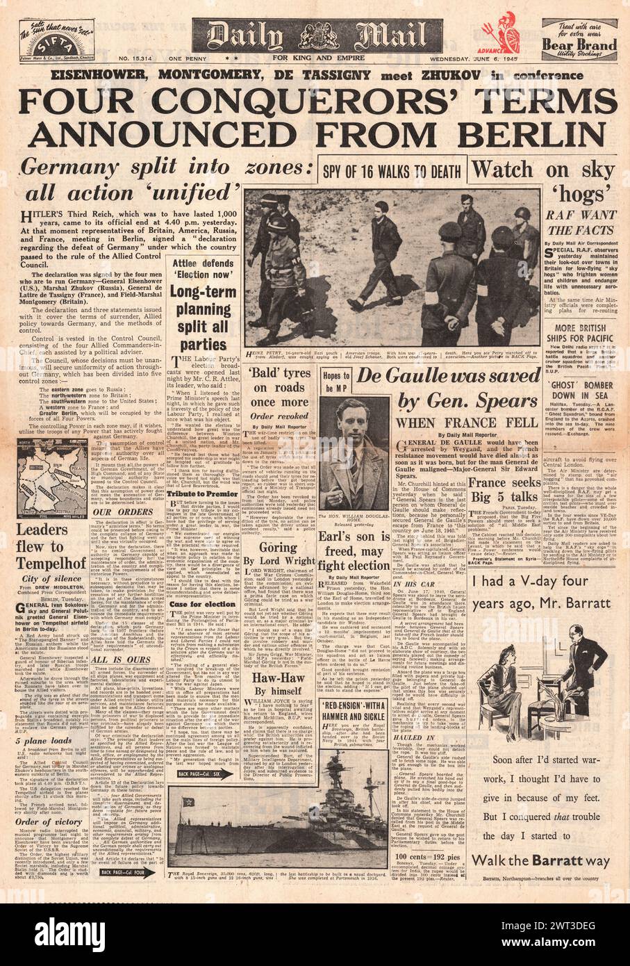 1945 Daily mail page d'accueil signalant l'Allemagne divisée en quatre zones et l'exécution de Heinz Petry Banque D'Images