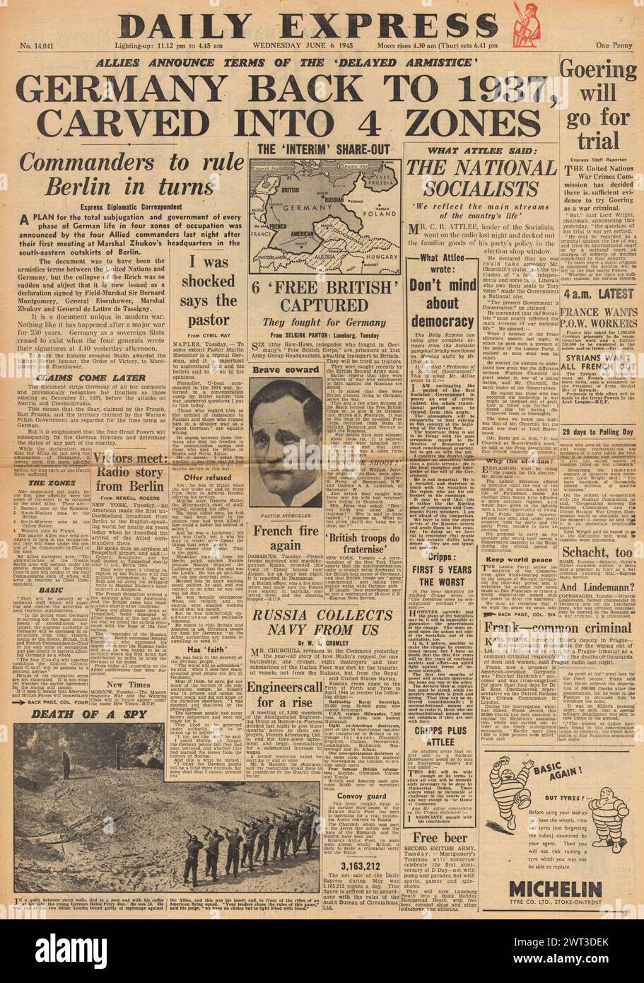 1945 Daily Express page d'accueil reportant l'Allemagne divisée en quatre zones et l'exécution de Heinz Petry Banque D'Images