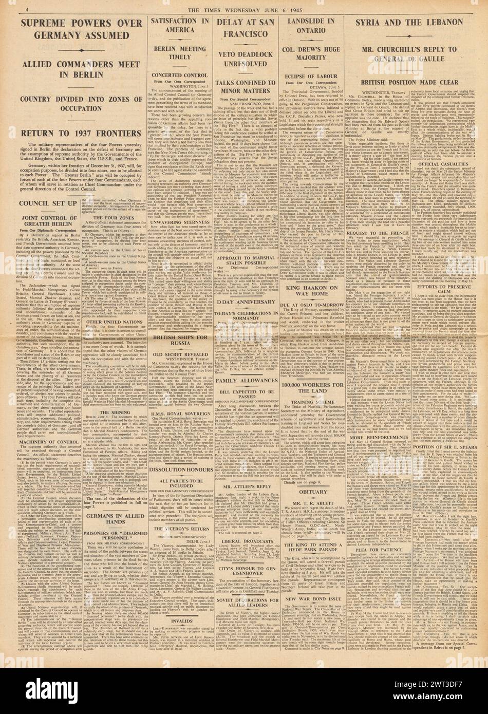1945 le Times rapporte l'Allemagne divisée en quatre zones et la position britannique sur la Syrie et le Liban Banque D'Images