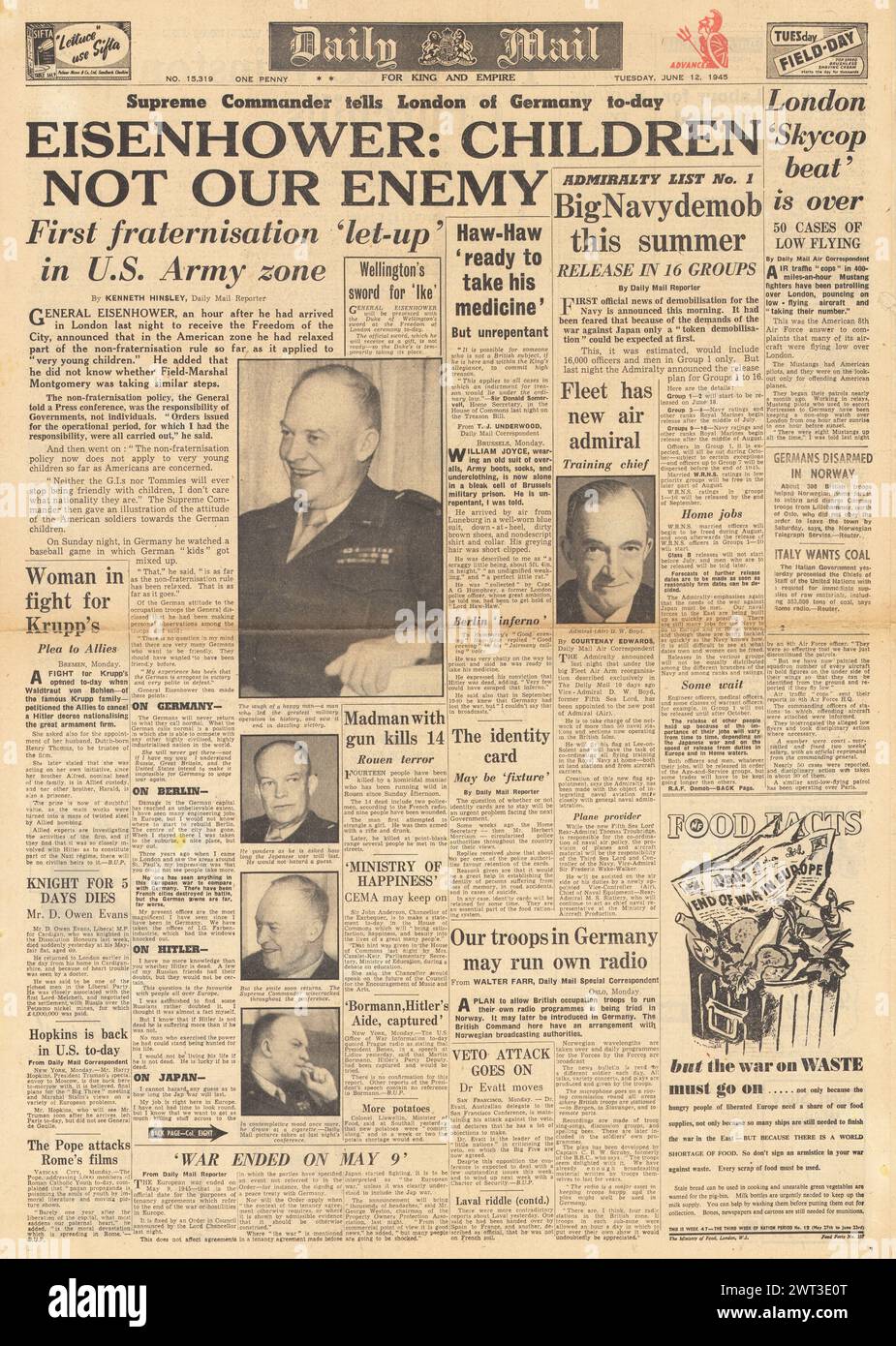 1945 Daily mail reportage sur la page d'accueil Eisenhower parle de non-fraternisation Banque D'Images