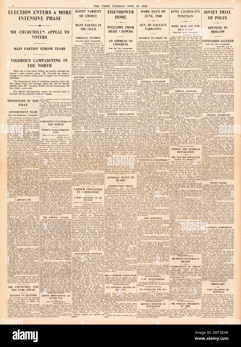 1945 le Times faisant état de la campagne électorale générale, les Polonais jugés à Moscou plaident coupables et Eisenhower à Washington Banque D'Images