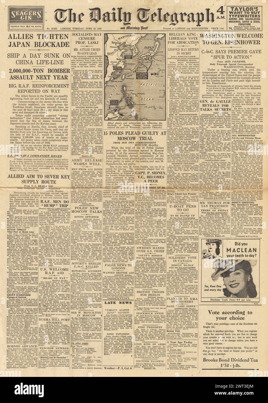 1945 le Daily Telegraph fait la une des reportages des Alliés resserrant le blocus japonais, des Polonais jugés à Moscou plaident coupables et Eisenhower à Washington Banque D'Images