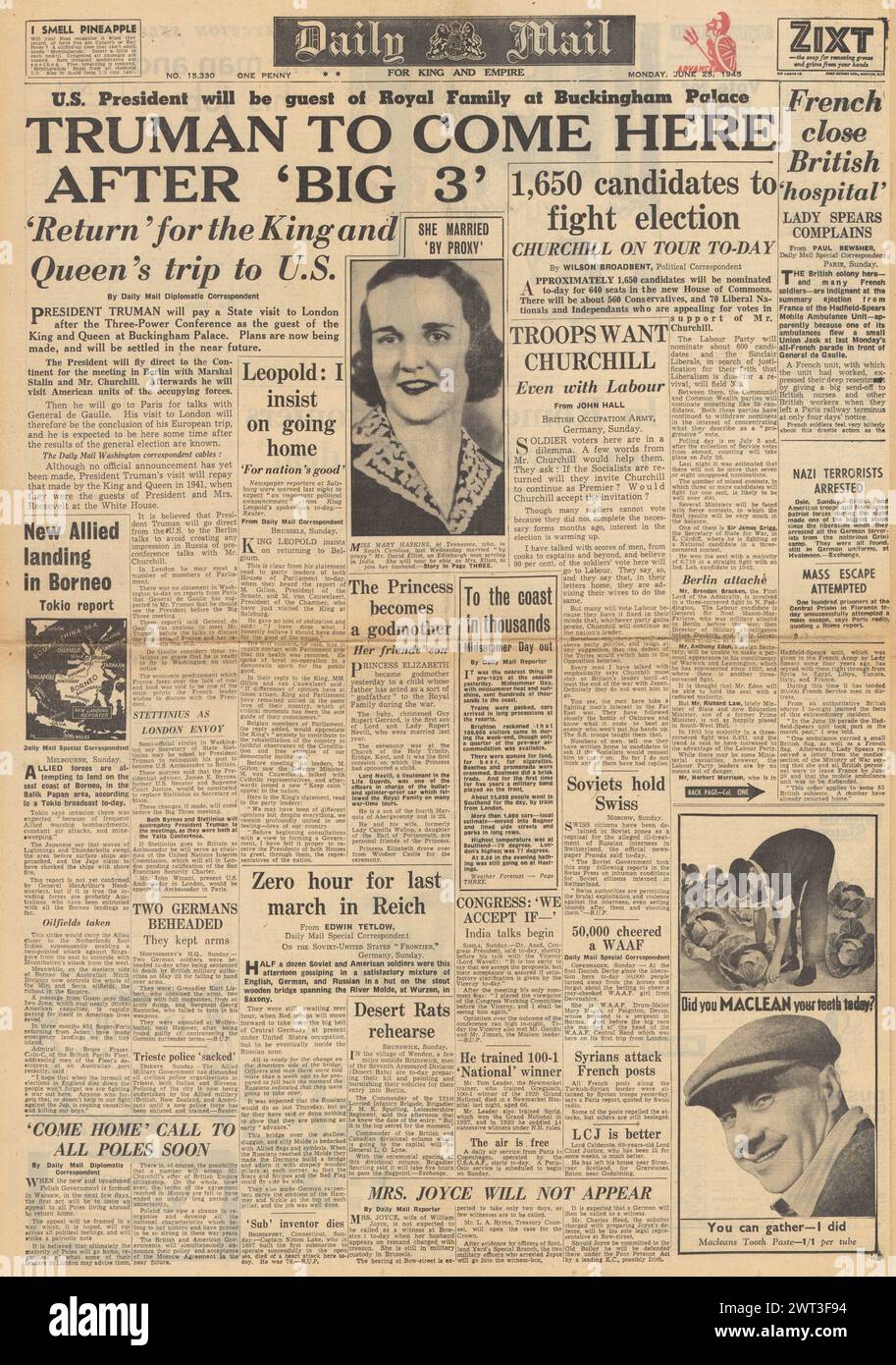 1945 Daily mail page d'accueil signalant la visite du président Truman à Londres, l'élection générale et le nouveau débarquement allié à Bornéo Banque D'Images