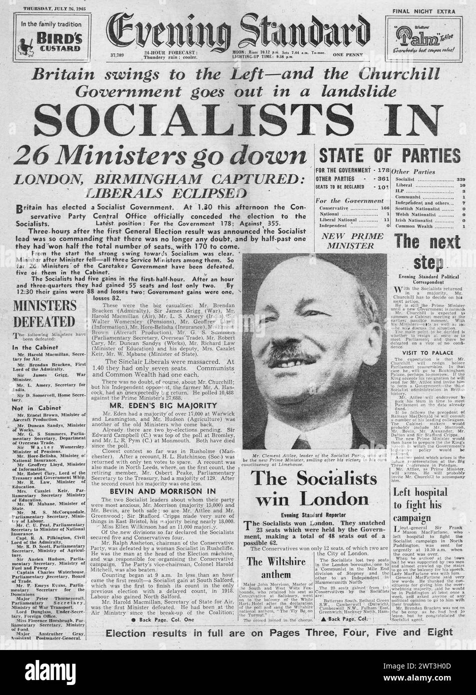 1945 soirée page d'accueil standard reportage le Labour remporte l'élection générale Banque D'Images