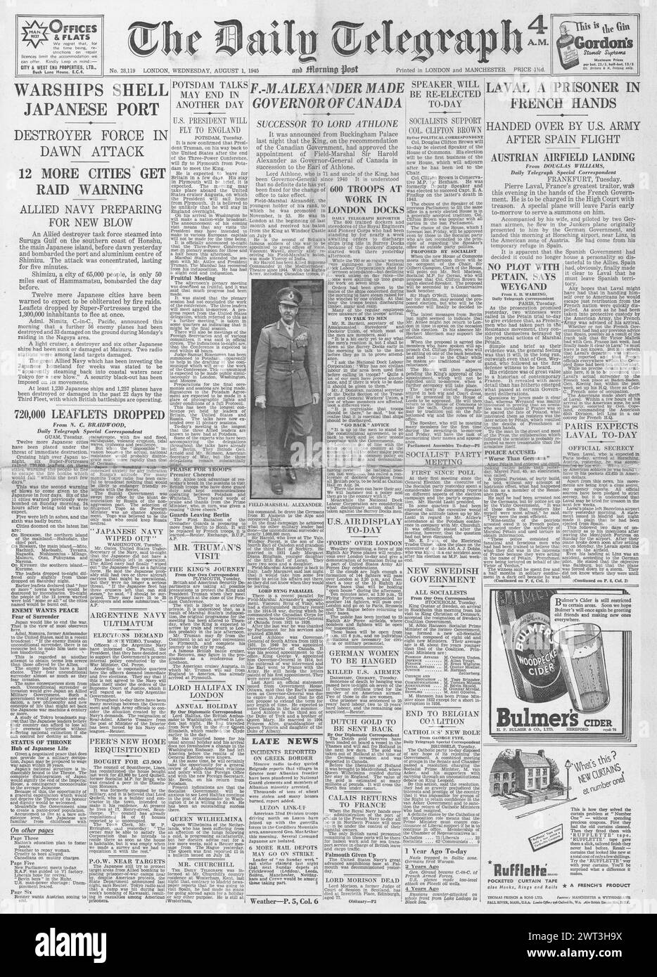 1945 le Daily Telegraph fait la une des reportages sur le retour de Pierre Laval en France, le Shell Shimizu des navires de guerre alliés et le maréchal Harold Alexander sont nommés gouverneur du Canada Banque D'Images