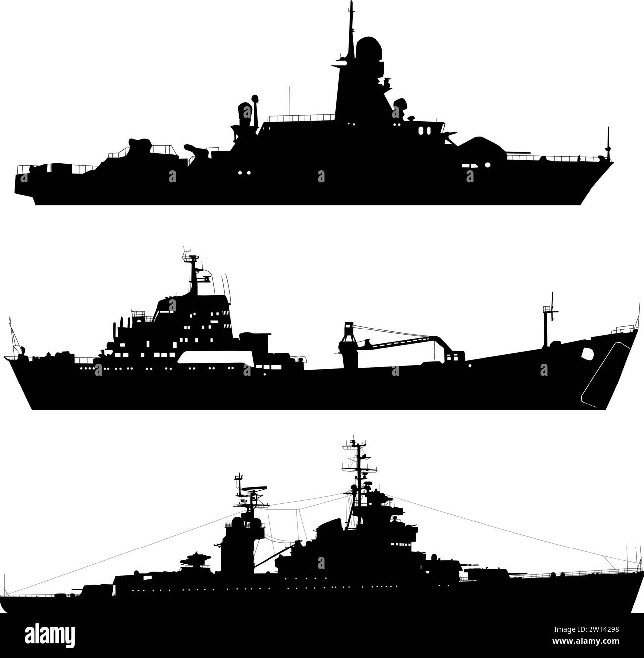 Définir silhouette sur un fond blanc d'un destroyer militaire de navire. Illustration de Vecteur