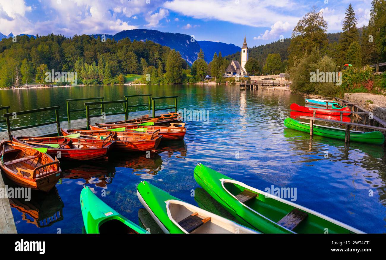 Voyage Slovénie . Paysage naturel idyllique - magnifique lac magique Bohinj, parc national du Triglav. Les plus beaux lacs d'Europe Banque D'Images